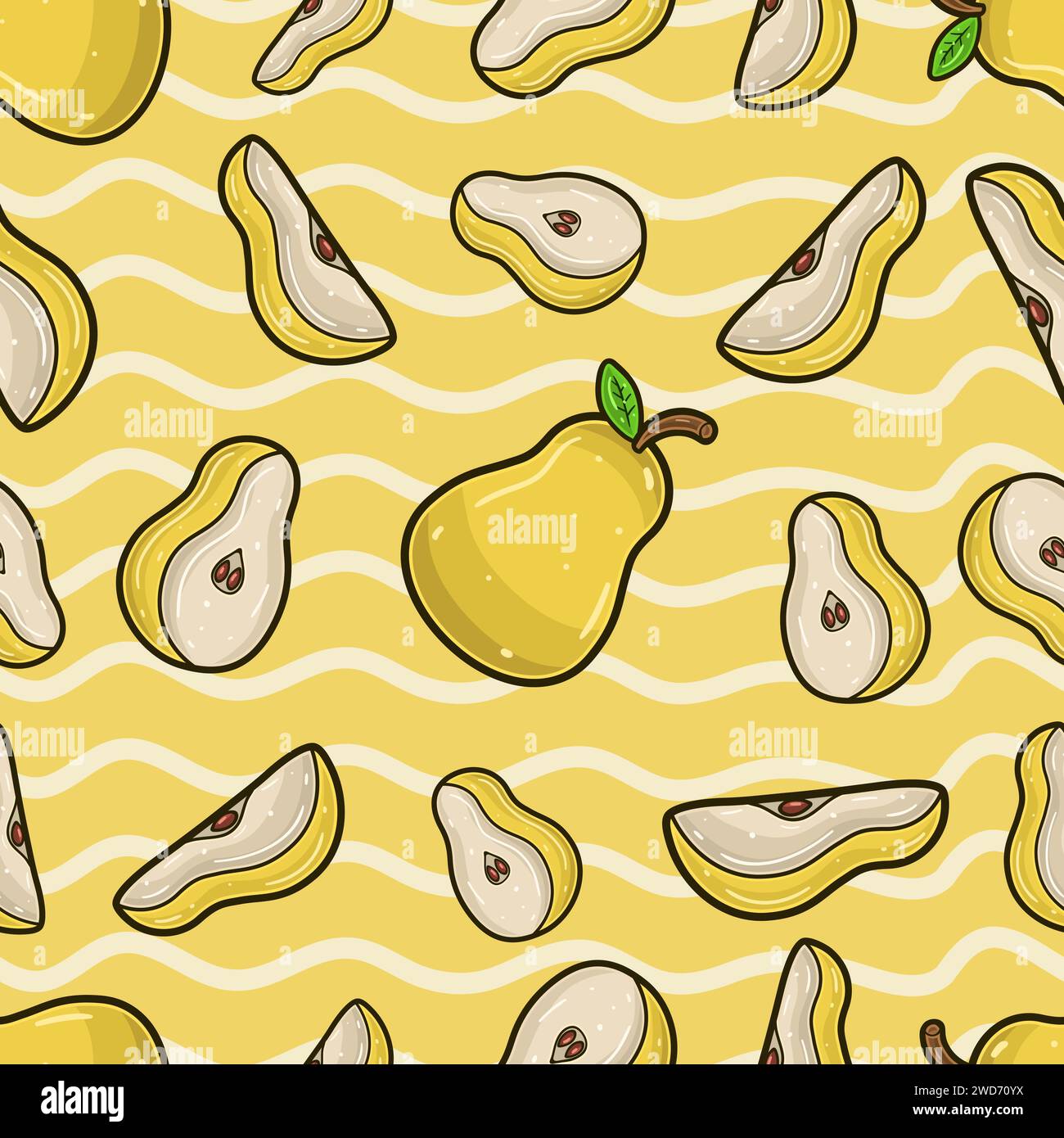 Pear Fruit Seamless Pattern in Cartoon Style. Perfect For Background, Backdrop, Wallpaper and Cover Packaging. Vector Illustration. Stock Vector