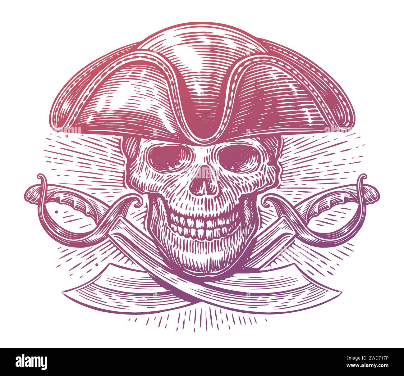 Pirate skull in hat tricorne and crossed sabers. Skeleton with blades. Hand drawn vintage vector illustration Stock Vector