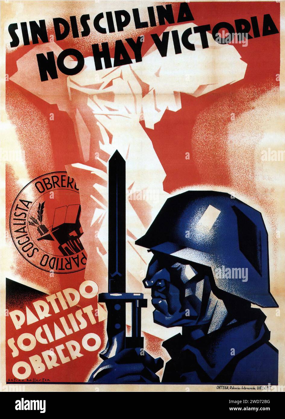 'Sin disciplina no hay victoria' 'No Victory Without Discipline' A soldier's silhouette in profile, with a stylized helmet and a clenched fist, set against an abstract red backdrop, conveys the message of discipline leading to victory.  - Spanish Civil War (Guerra Civil Española) Propaganda Poster Stock Photo