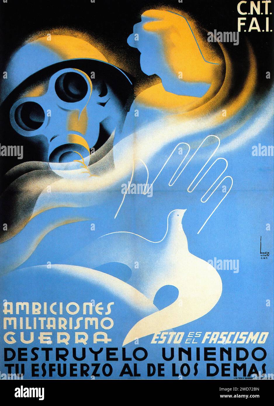 'Esto es fascismo - Ambiciones militarismo guerra' 'This is fascism - Ambitions militarism war' An abstract composition features a gas mask and a dove, juxtaposing war and peace. The style is surrealist with a blend of sharp contrasts and fluid forms. - Spanish Civil War (Guerra Civil Española) Propaganda Poster Stock Photo