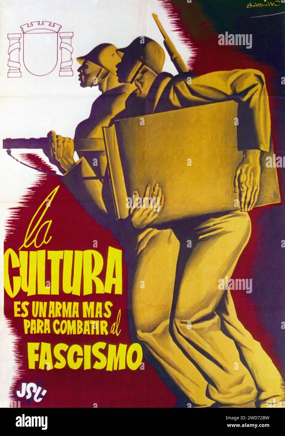 'La cultura es un arma más para combatir al fascismo' 'Culture is a weapon to fight against fascism' The image depicts soldiers carrying books alongside weapons, conveying the message that intellectual and cultural efforts are essential in the fight against fascism. The style is bold and figurative, with solid colors and strong lines. - Spanish Civil War (Guerra Civil Española) Propaganda Poster Stock Photo