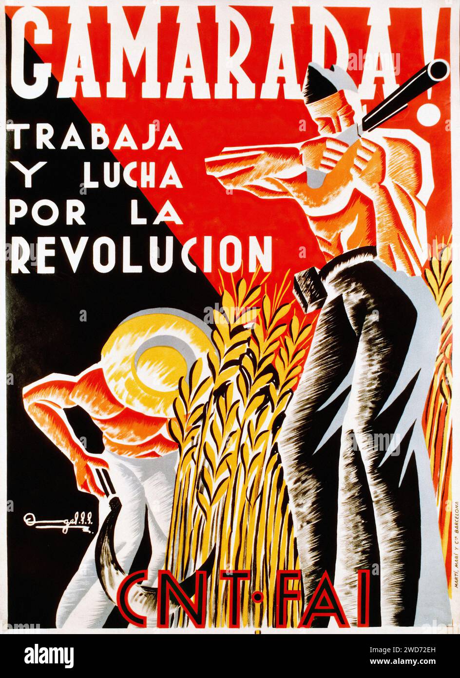 'Camarada! Trabaja y lucha por la Revolución' 'Comrade! Work and Fight for the Revolution' The poster depicts a soldier in action, with agricultural elements, symbolizing the union of military and labor efforts. The style is propagandistic with dynamic composition and vibrant colors. - Spanish Civil War (Guerra Civil Española) Propaganda Poster Stock Photo