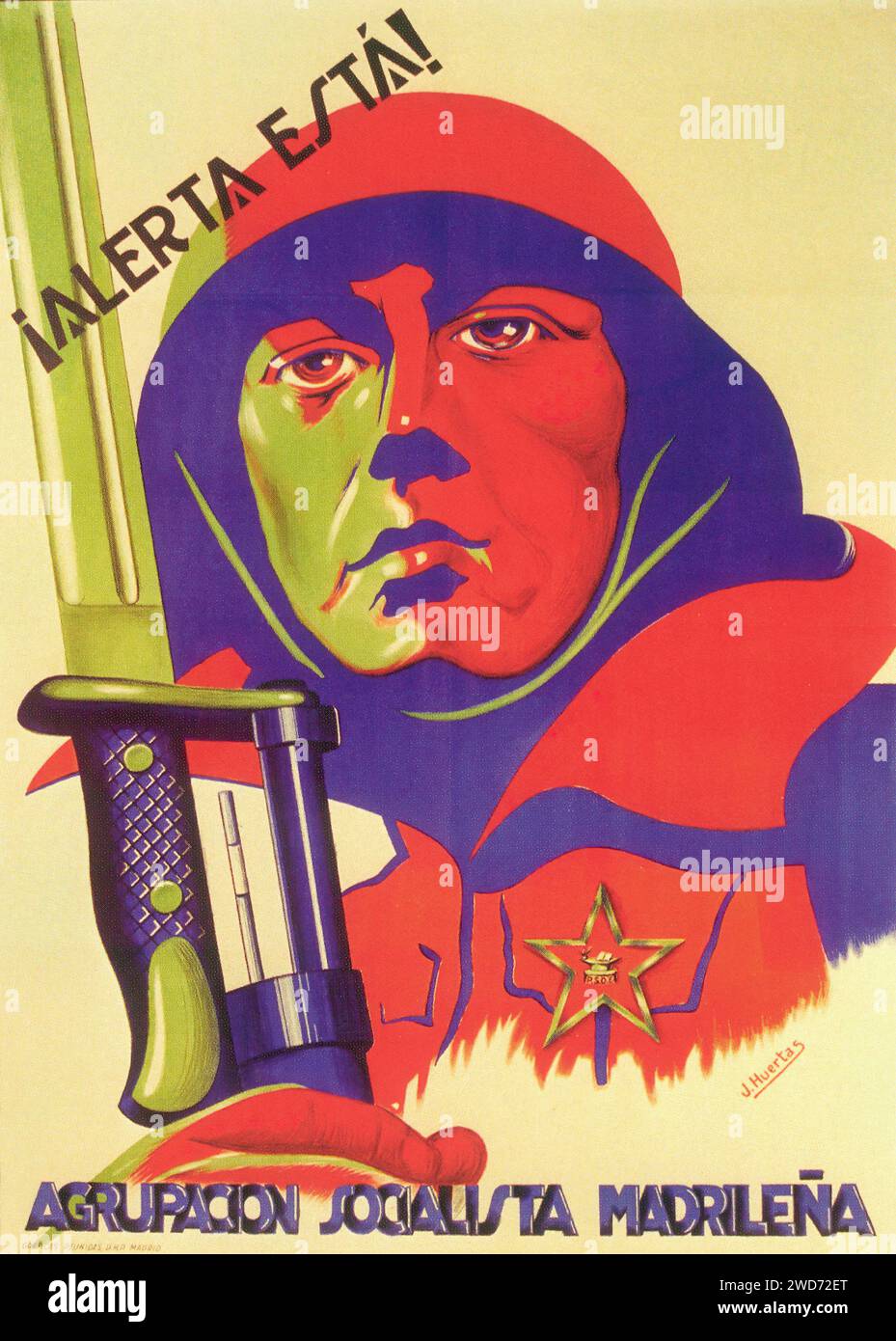 '¡ALERTA ESTÁ! AGRUPACIÓN SOCIALISTA MADRILEÑA' 'Stay alert! Madrid Socialist Group.' This poster from the Spanish Civil War uses striking red and green colors to depict a vigilant figure   symbolizing the need for awareness. The poster's bold design and vibrant colors serve as a call to action for the Madrid Socialist Group, advocating for readiness and vigilance  - Spanish Civil War (Guerra Civil Española) Propaganda Poster Stock Photo