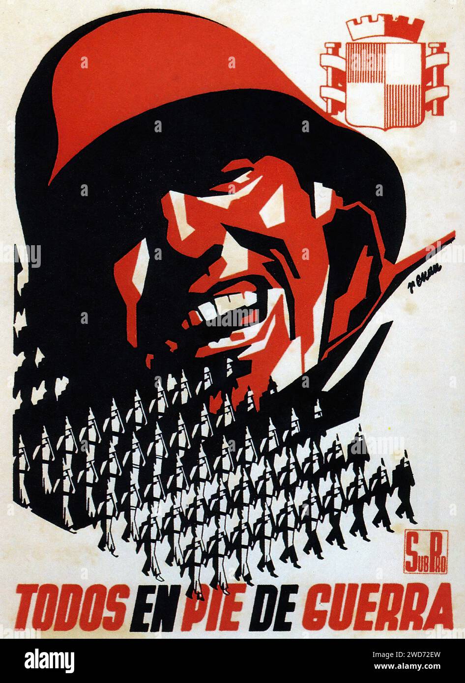 'All on the warpath, 1937.jpg' This poster, designed by Josep Renau, presents a militaristic theme with soldiers marching beneath a stylized face, overlaid with the emblem of the Spanish Republic. The use of stark red and black colors creates a dramatic effect - Spanish Civil War (Guerra Civil Española) Propaganda Poster Stock Photo