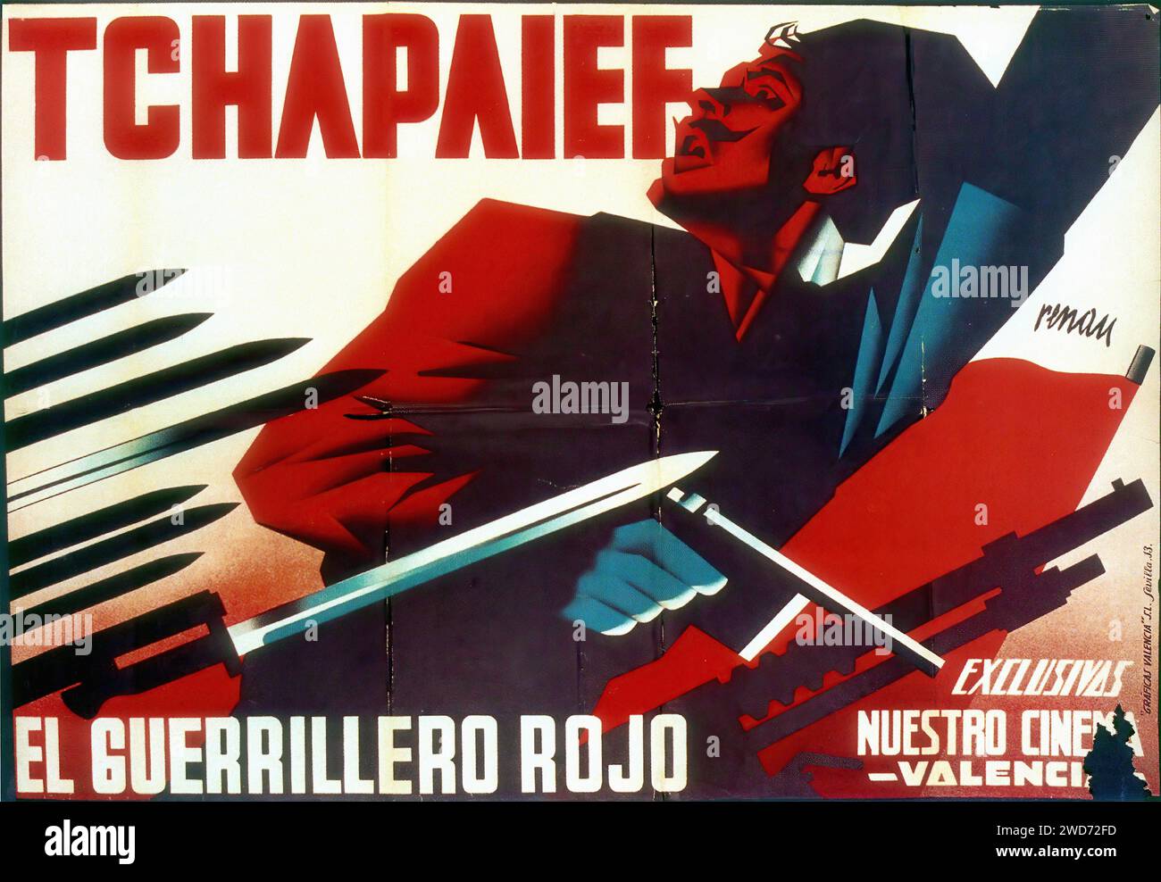 'Chapaev - the Red Warrior ' The poster features Chapaev, a celebrated Red Army leader, set against a backdrop of stylized artillery. The poster's angular lines and sharp contrast between red and blue evoke the intensity of the revolutionary spirit.  - Spanish Civil War (Guerra Civil Española) Propaganda Poster Stock Photo