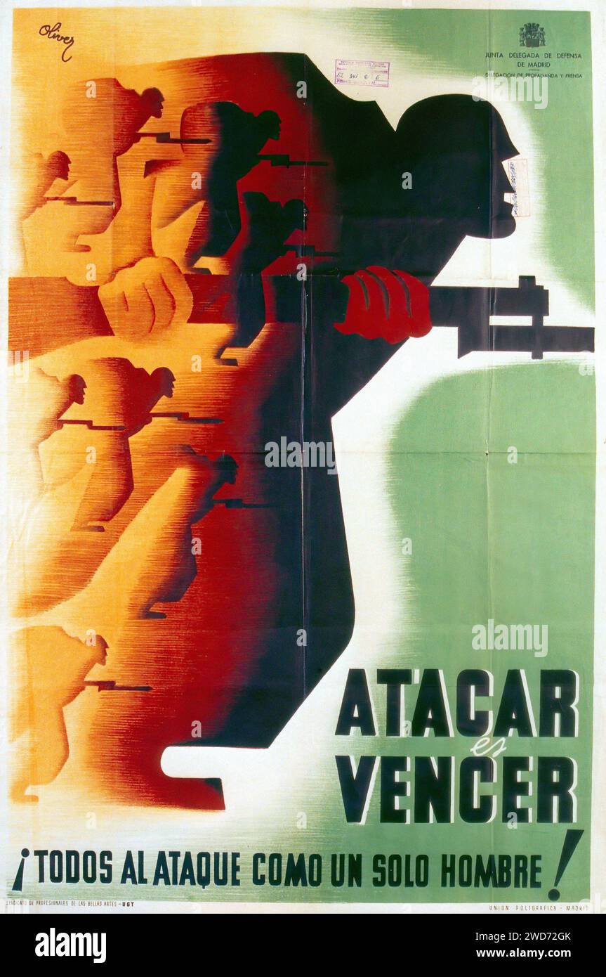 '  ¡Atacar es vencer! ¡Todos al ataque como un solo hombre!' ' To attack is to win! Everyone attack as one man!' This poster by Oliver delivers a strong message of unity and aggression in warfare. It features a large, shadowy figure with a raised fist, representing leadership and collective action, against a backdrop of multiple silhouetted figures charging forward. The use of warm, earthy tones and the repetition of forms creates a sense of movement and urgency. The style is a blend of social realism and modernist design, emphasizing mass mobilization and the power of united action in the fac Stock Photo