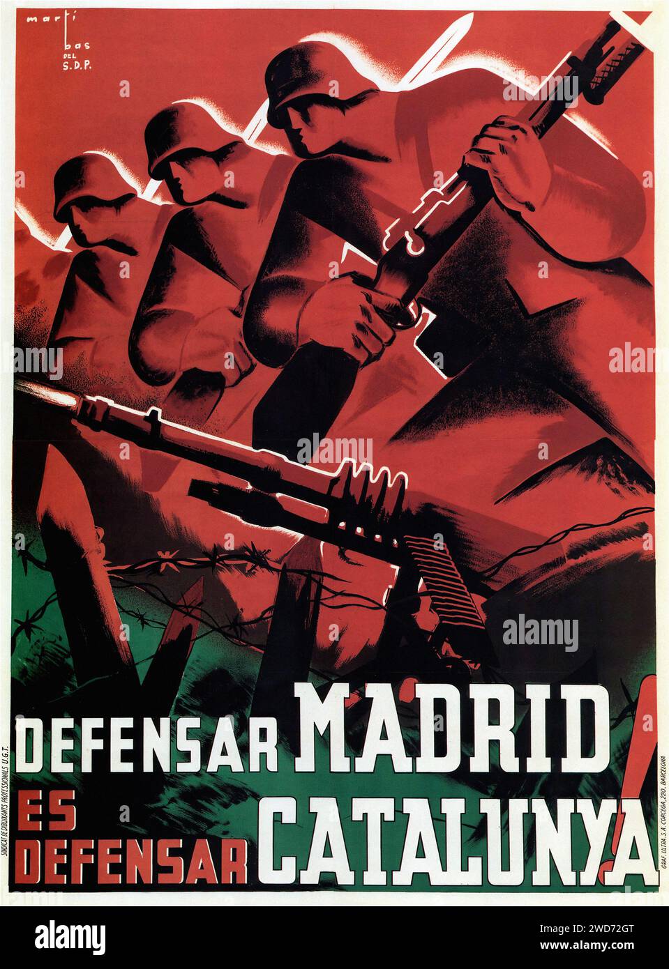 '  Defender Madrid es defender Cataluña.' '  Defending Madrid is defending Catalonia.' The image is a 1937 propaganda poster, with a focus on solidarity between Madrid and Catalonia. It shows a row of soldiers in silhouette against a red backdrop, with rifles poised for action. The poster's style is reminiscent of the socialist realism movement, with its focus on the collective struggle and militaristic themes. The design is stark and impactful, utilizing the contrast of the red background and black silhouettes to command attention and communicate the message of unified defense. Keywords: - Sp Stock Photo