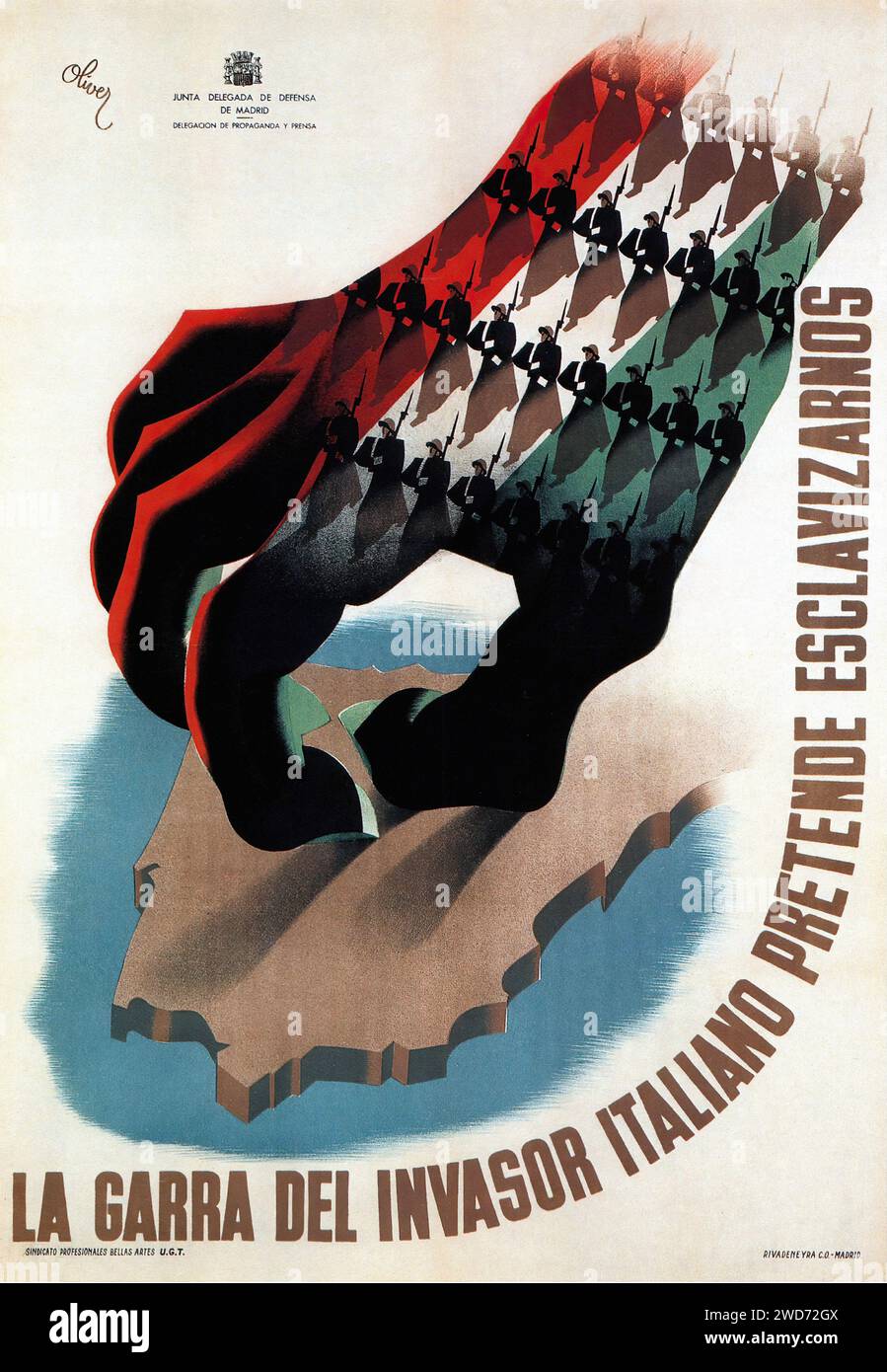 ' La garra del invasor italiano pretende esclavizarnos.' '  The claw of the Italian invader intends to enslave us.' This 1937 propaganda poster by Oliver graphically depicts the threat of Italian fascism as a menacing claw over the Spanish landscape, with a line of soldiers marching in resistance. The artwork uses a stylized, surreal approach with a limited color palette to symbolize the danger and the defiance against it. It is an example of political surrealism, using powerful imagery to evoke an emotional response and inspire resistance. Keywords: - Spanish Civil War (Guerra Civil Española) Stock Photo