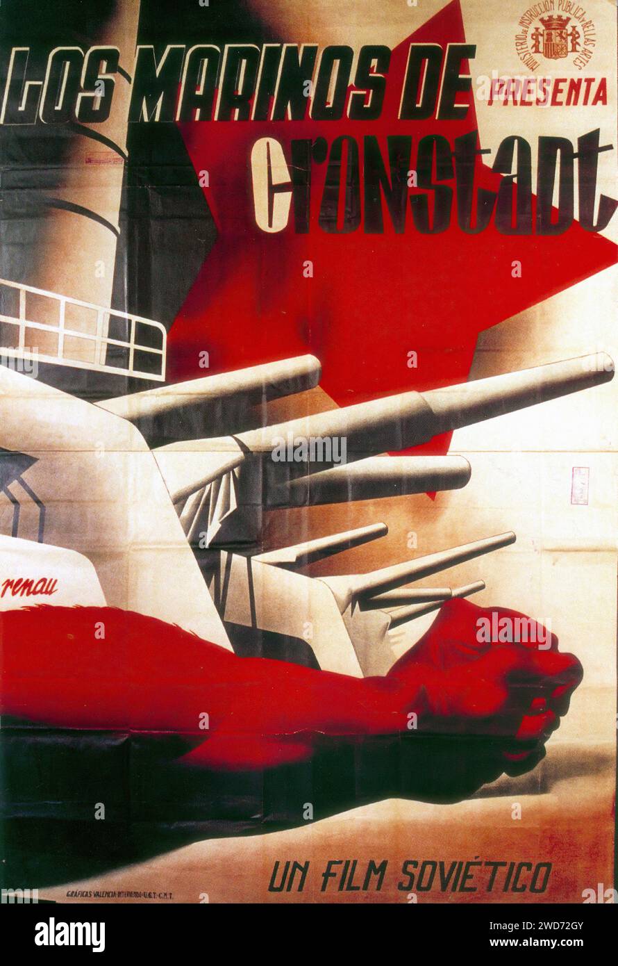 'The sailors of Kronstadt 1937 '  work depicts the sailors of the Kronstadt rebellion, showcasing the naval power and revolutionary fervor. The poster combines elements of Soviet constructivism with bold reds and sharp angles. Keywords: Josep Renau; - Spanish Civil War (Guerra Civil Española) Propaganda Poster Stock Photo