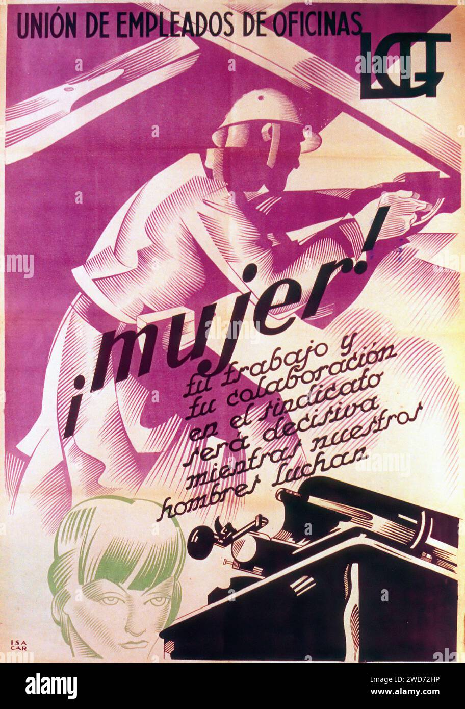 'Unión de Empleados de Oficinas. ¡Mujer!' 'Office Employees Union. Woman!' This image is a propaganda poster representing the involvement of women in the workplace and their contribution to the union movement. It features a stylized female face and a typewriter, with abstract shapes in the background suggesting industrial elements. The design is modernist, using flat planes of color and angular lines to convey a sense of progress and modernity. It speaks to the empowerment of women and their role in the labor force  - Spanish Civil War (Guerra Civil Española) Propaganda Poster Stock Photo