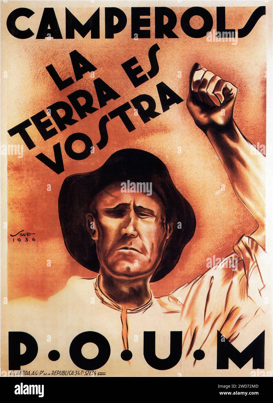 'CAMPEROLS! LA TERRA ÉS VOSTRA' - 'Peasants! The land is yours' The image portrays a strong, defiant peasant with a raised fist, symbolizing agrarian reform and land rights. The style is social realist, with a focus on the individual as a symbol of broader social movements - Spanish Civil War (Guerra Civil Española) Propaganda Poster Stock Photo