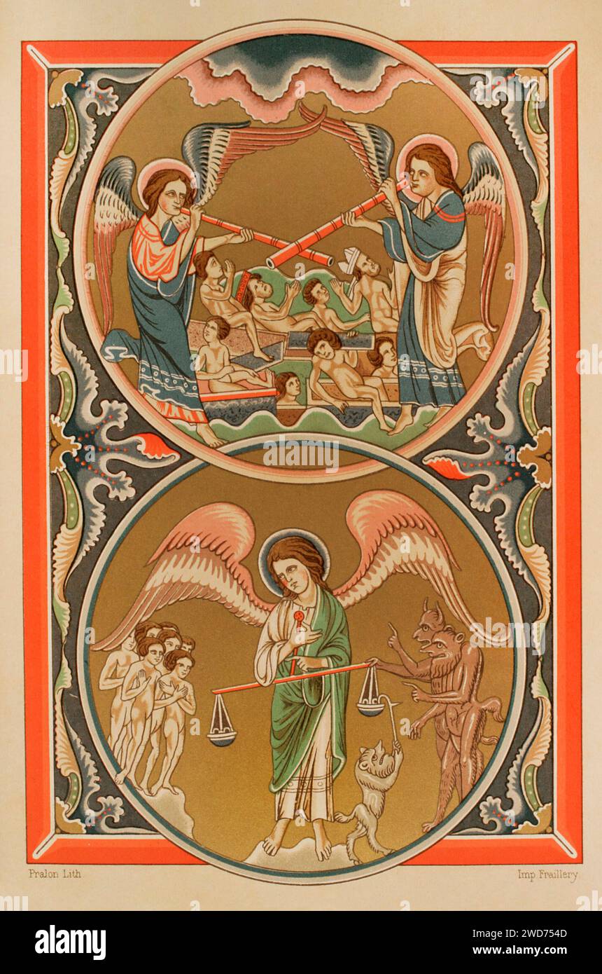 The Resurrection of the Dead and the Weighing of Souls in the Balance, at the Last Judgement. Chromolithography after a miniature from the Psalter of St. Louis, 1270-1274, forming part of the treasure in the abbey of Poissy. Sciences & Lettres au Moyen Age et à l'époque de la Renaissance. Paris, 1877. Stock Photo