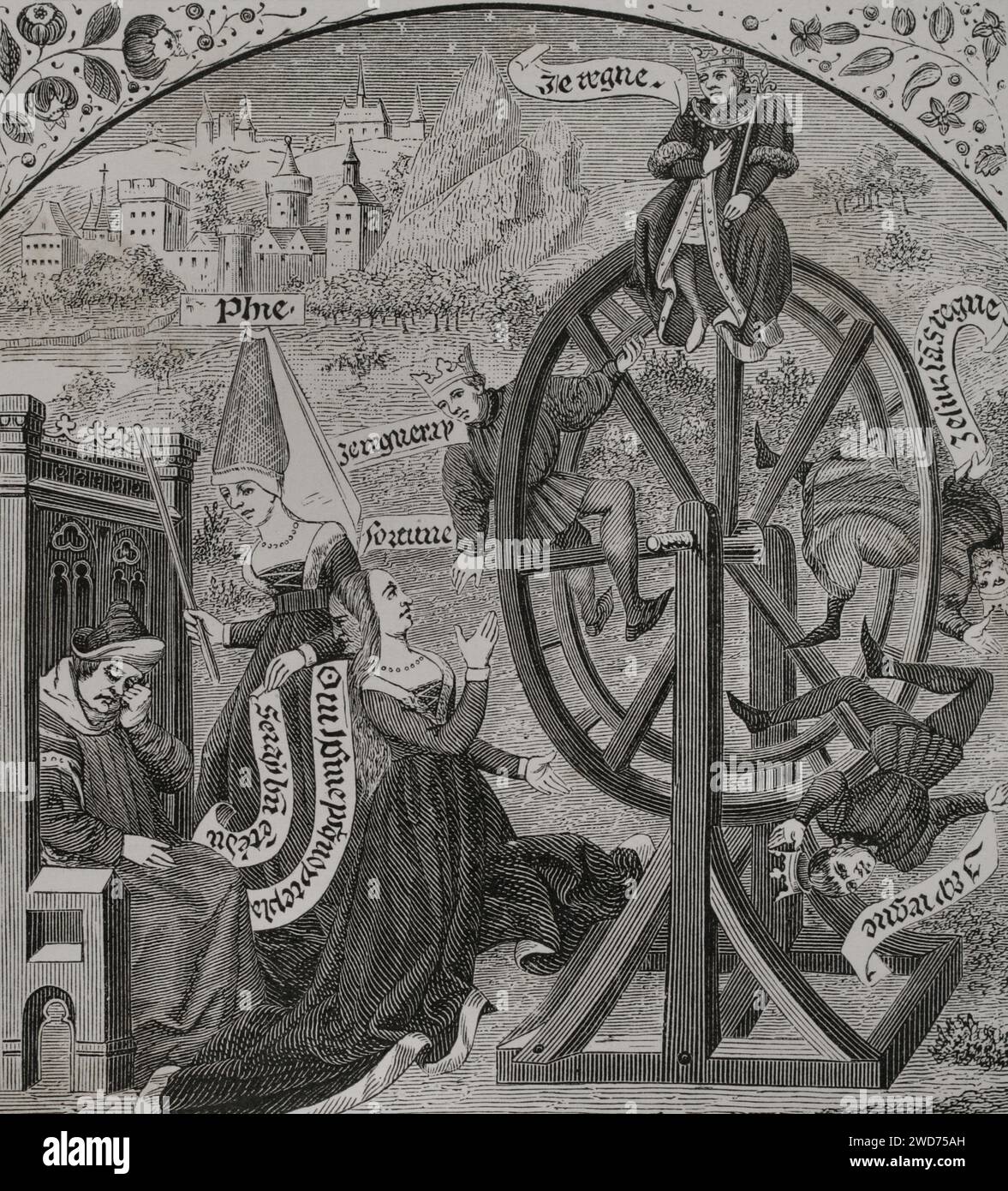 Wheel of Fortune. Engraving by Maradan after a miniature of Boethius 'Consolatio Philosophiae', published in the 16th century. Sciences & Lettres au Moyen Age et à l'époque de la Renaissance. Paris, 1877. Stock Photo