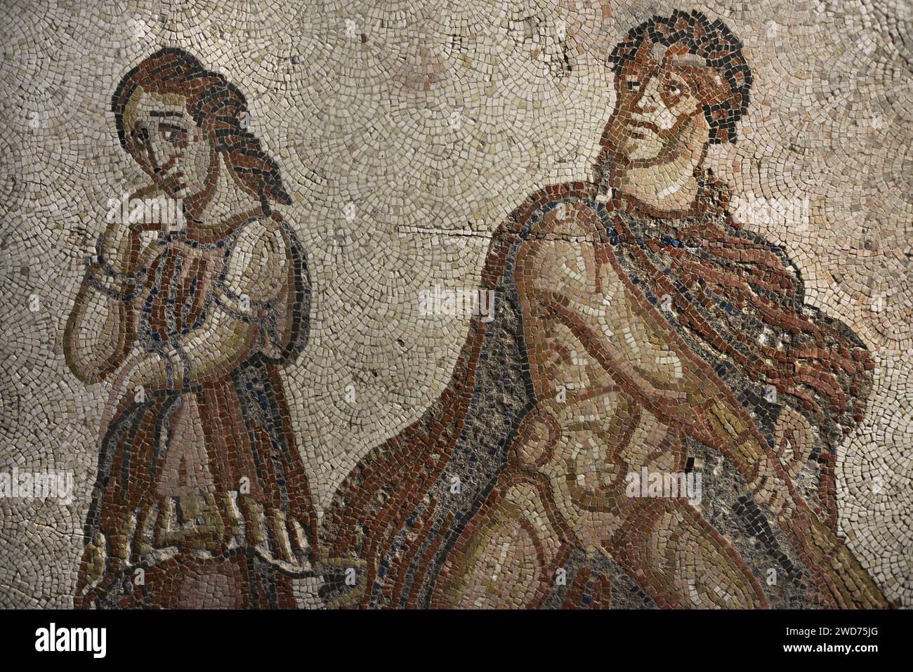 Madness of Heracles (Hercules furens). Roman mosaic panel. 3rd-4th centuries AD. Detail. From Torre de Palma Lusitan-Roman villa, Monforte, Portalegre district, Portugal. National Archaeology Museum. Lisbon, Portugal. Stock Photo