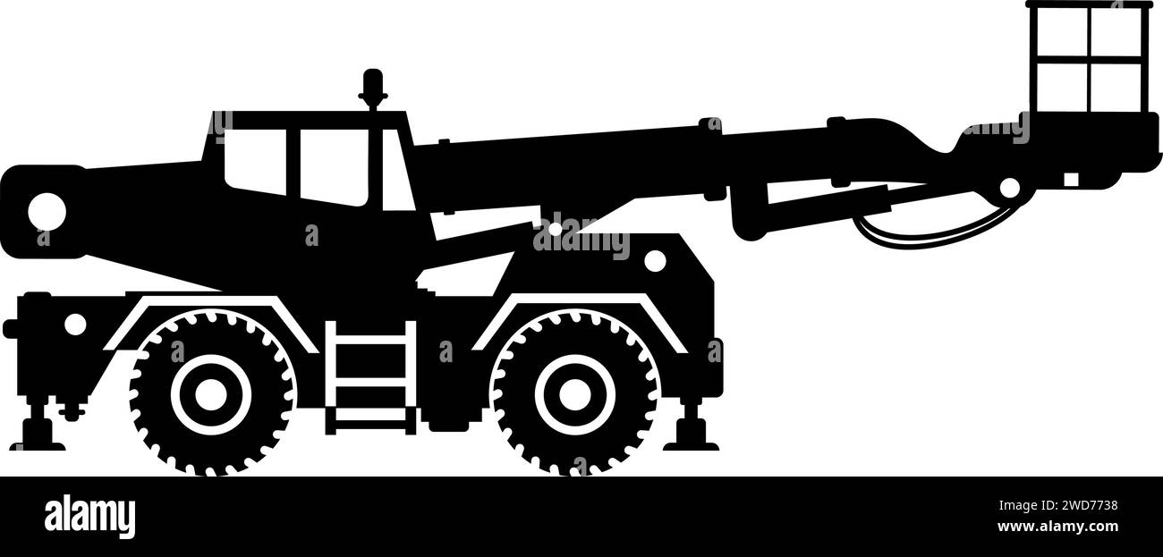 Silhouette of Aerial Work Platform Bucket Truck Icon in Flat Style. Stock Vector