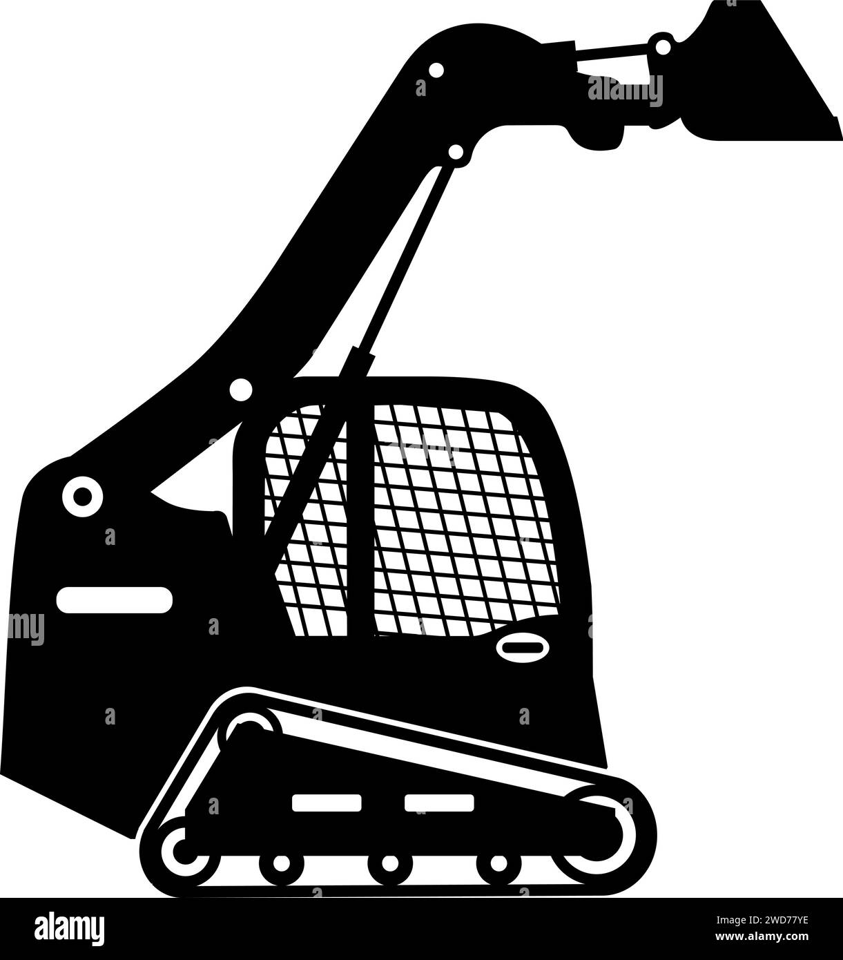 Silhouette of Compact Skid Steer Loader with Bucket and Track Icon in Flat Style. Stock Vector