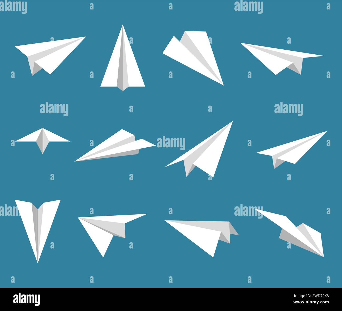 Set simple paper planes icon. White origami paper airplanes from different angles. Handmade aircraft on blue background. Vector illustration. Stock Vector