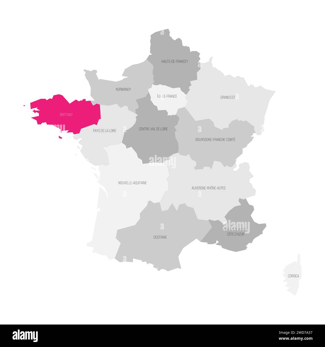 Brittany - map of administrative division, region, pink highlighted in map of France Stock Vector