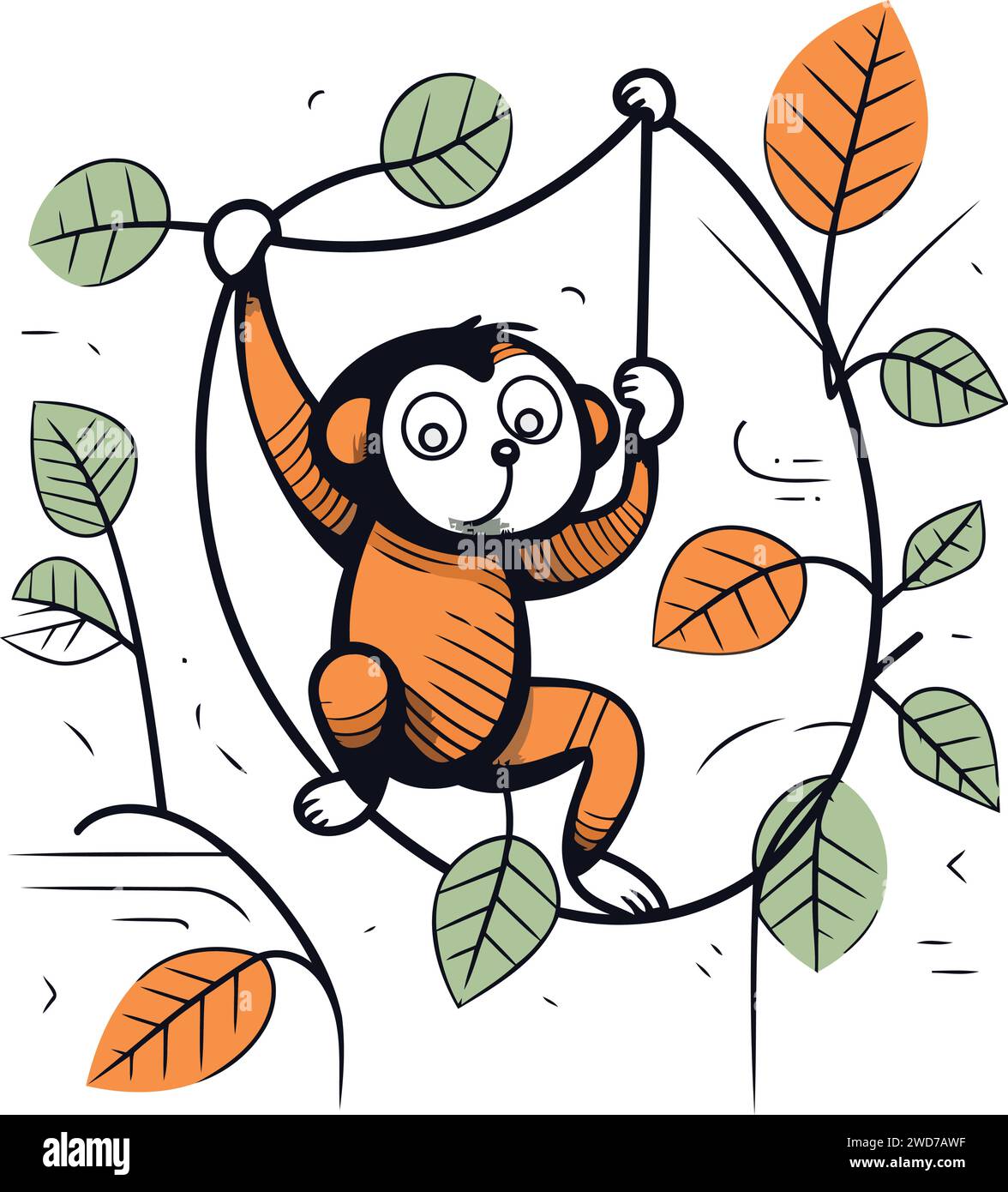 Cute cartoon monkey hanging on a rope in the jungle. Vector ...