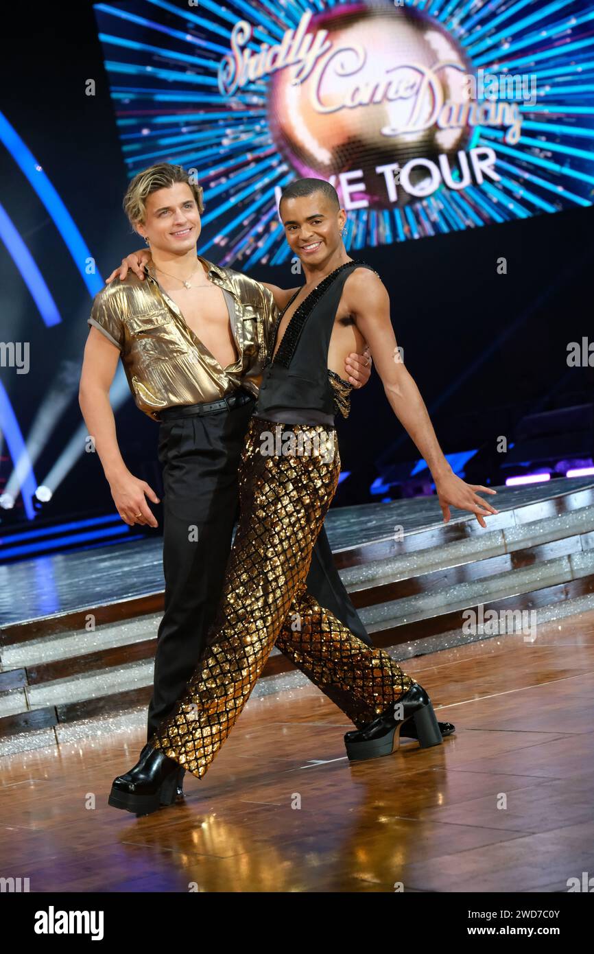 Utilita Arena, Birmingham, UK. Thursday, January 18, 2024.Strictly finalist Actor Layton Williams and Nikita Kuzmin at the Launch of the  Strictly Come Dancing Live Tour 2024.The Live Tour opens in Birmingham on Friday 19th January for the first night of 30 shows across the UK. 19–21 JanuaryBirmingham Utilita Arena  (Friday 19 at 7.30pm, Saturday 20 at 2.30pm & 7.30pm, Sunday 21 at 1.30pm & 6.30pm)  Credit: Ian Tennant /Alamy Live News. Stock Photo