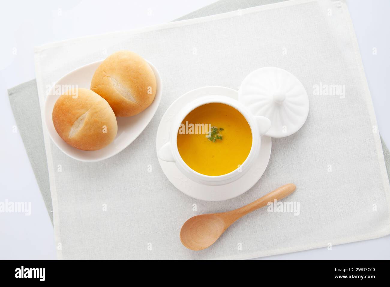 pumpkin potage soup isolated on table Stock Photo