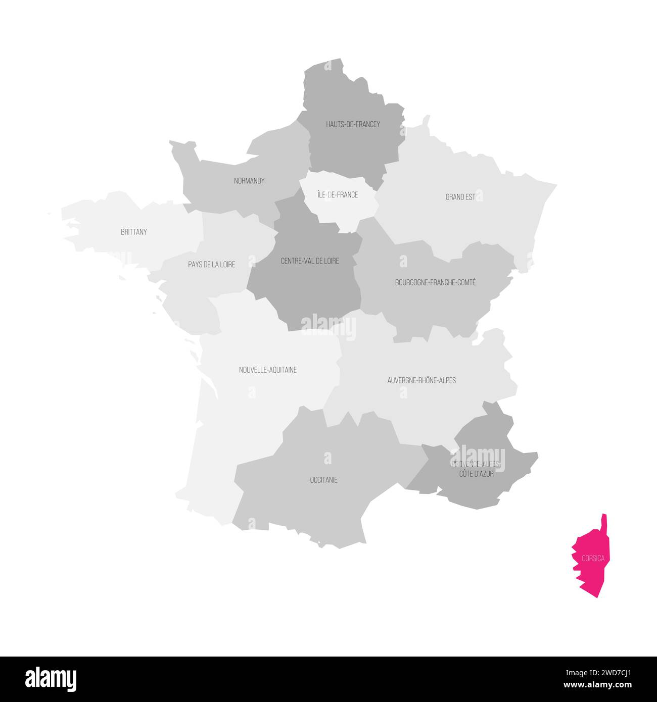 Corsica - map of administrative division, region pink highlighted in map of France Stock Vector