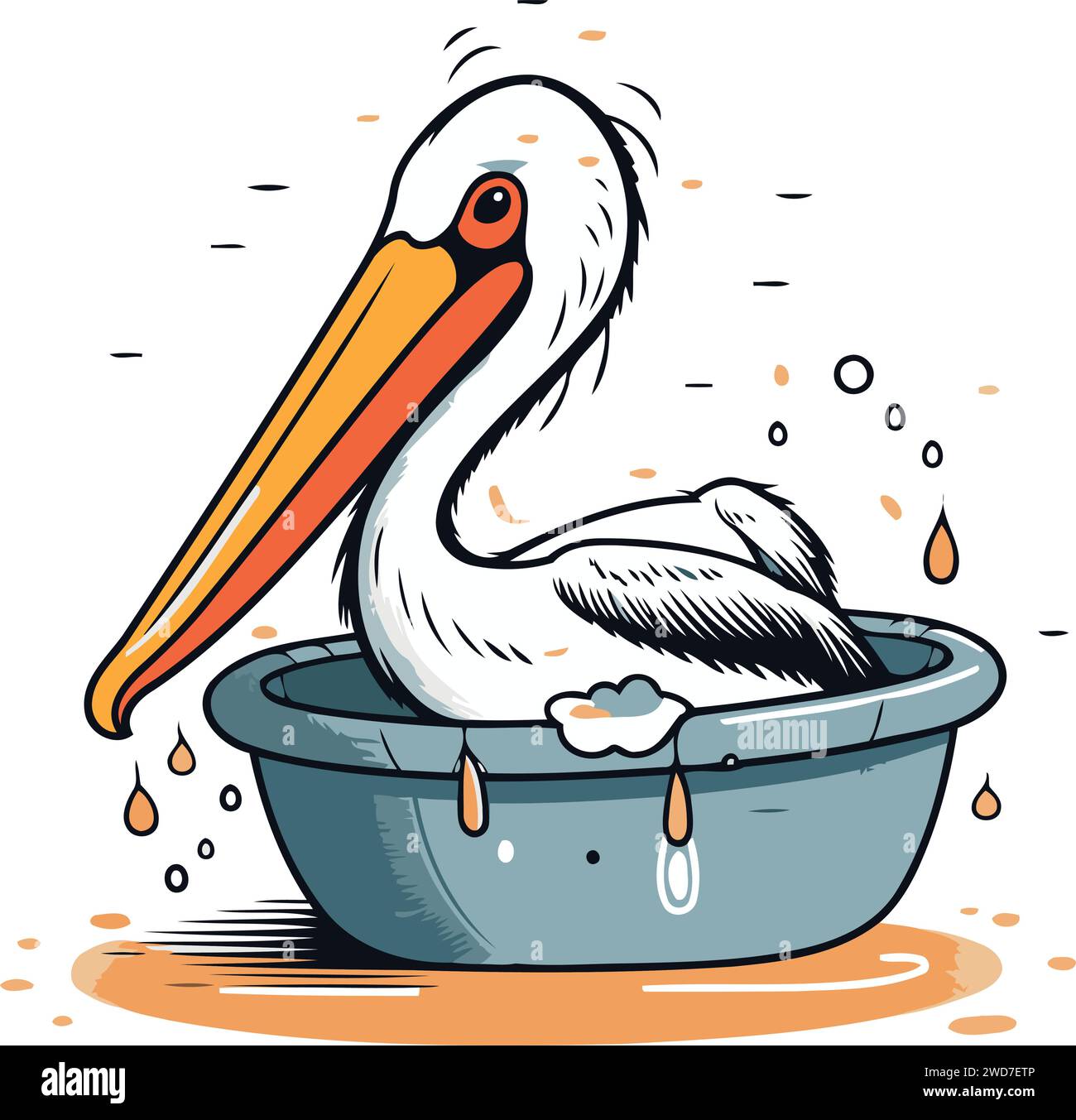 Pelican taking a bath. Vector illustration in cartoon style. Stock Vector