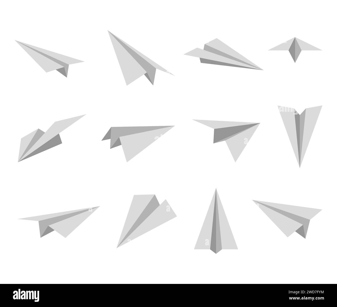 Set simple paper planes icon. White origami paper airplanes from different angles. Handmade aircraft on white background. Vector illustration. Stock Vector