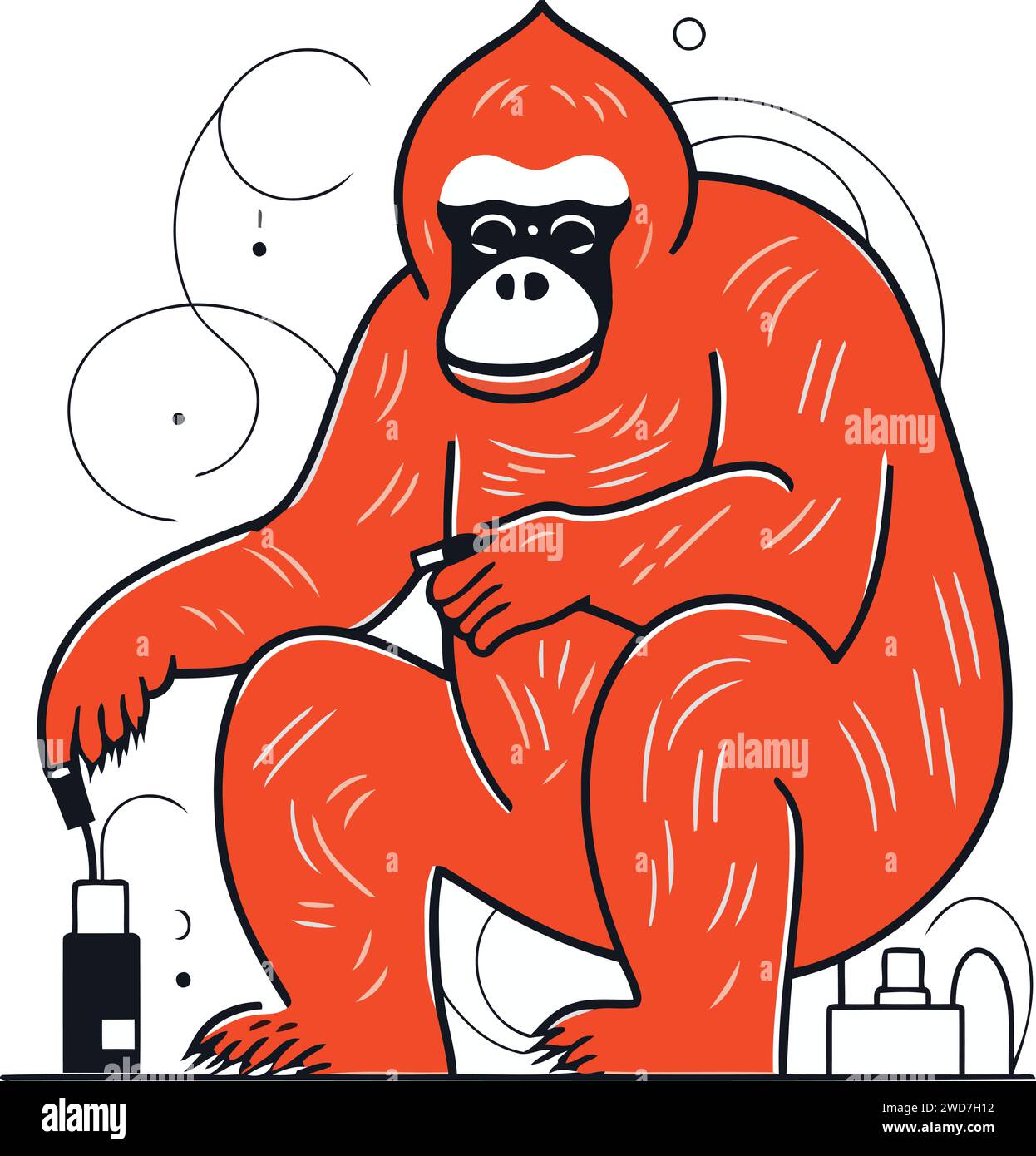 Gorilla sitting on the floor and smoking cigarette. Vector illustration. Stock Vector