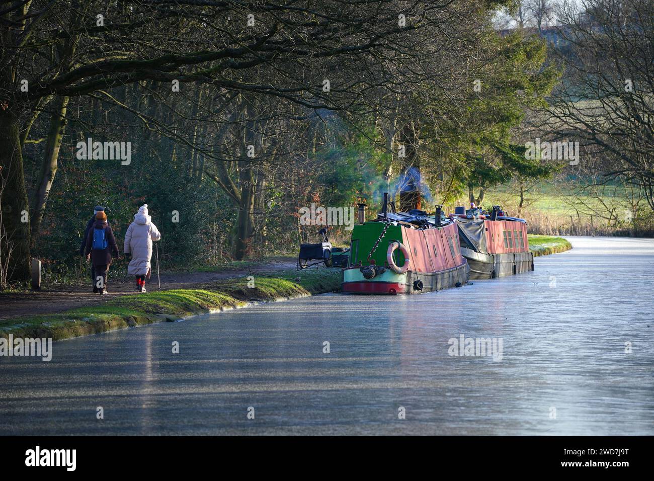 Canal boats moored on the Bridgewater Canal in Warrington which has ...