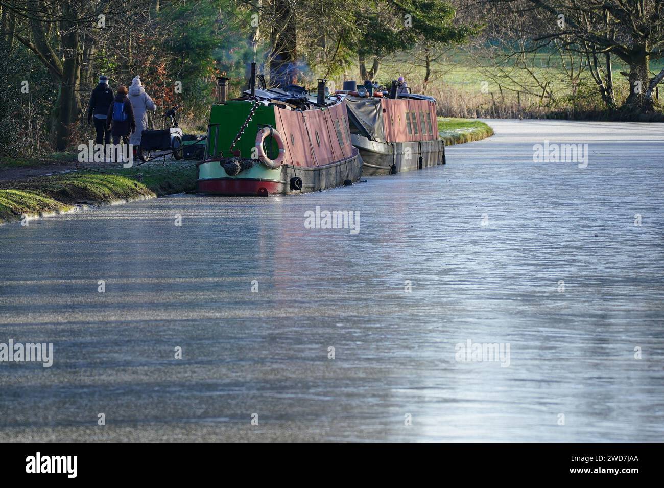 Canal boats moored on the Bridgewater Canal in Warrington which has ...