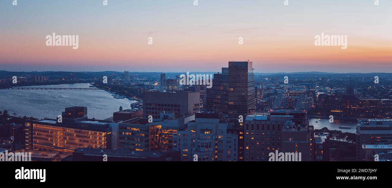 An aerial view of the Boston skyline at sunset. Stock Photo