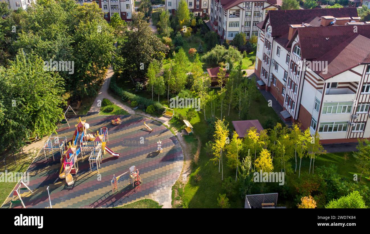 Springtime Playground Aerial Children's playground. View of colorful playground in city park ...