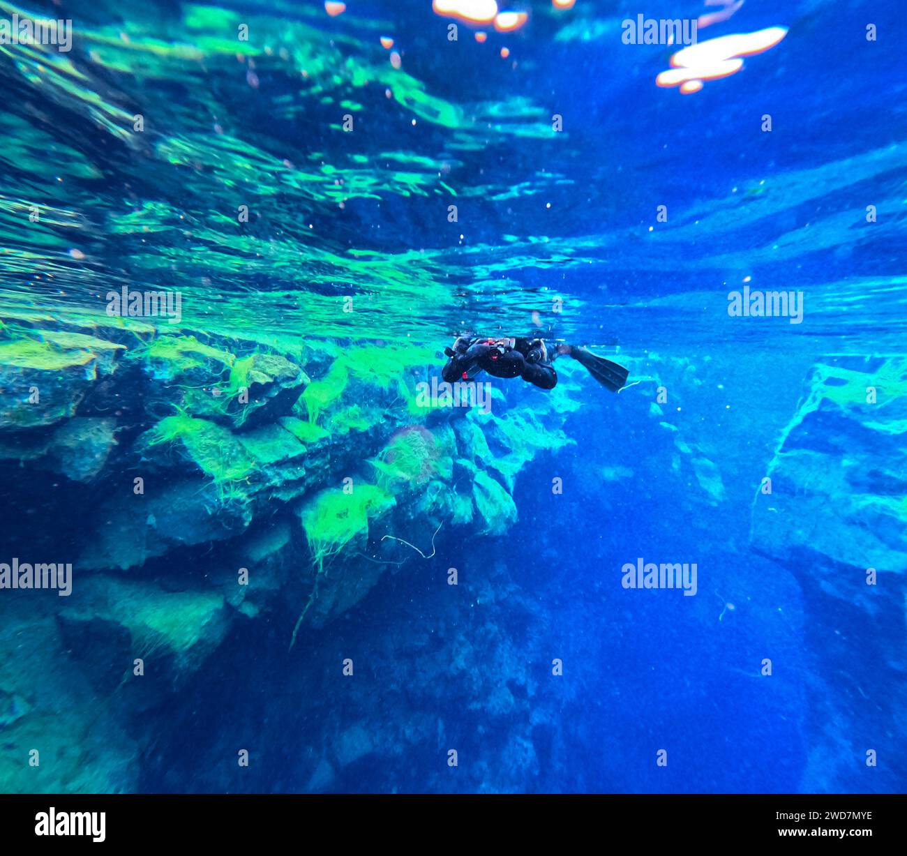 Person uses underwater camera in blue glacial water while snorkeling