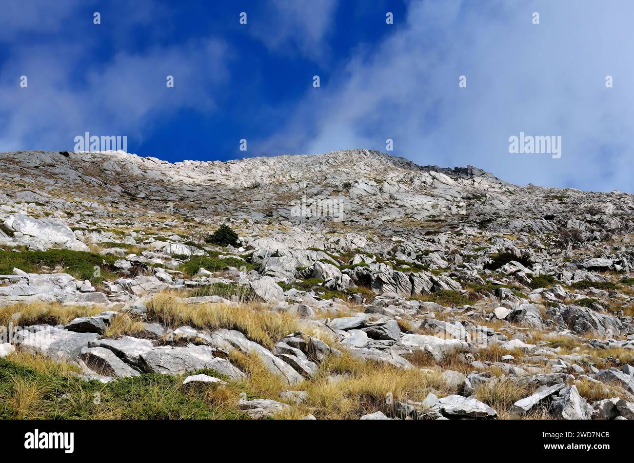Rocky hill with scattered rocks against a backdrop of clear blue skies Stock Photo
