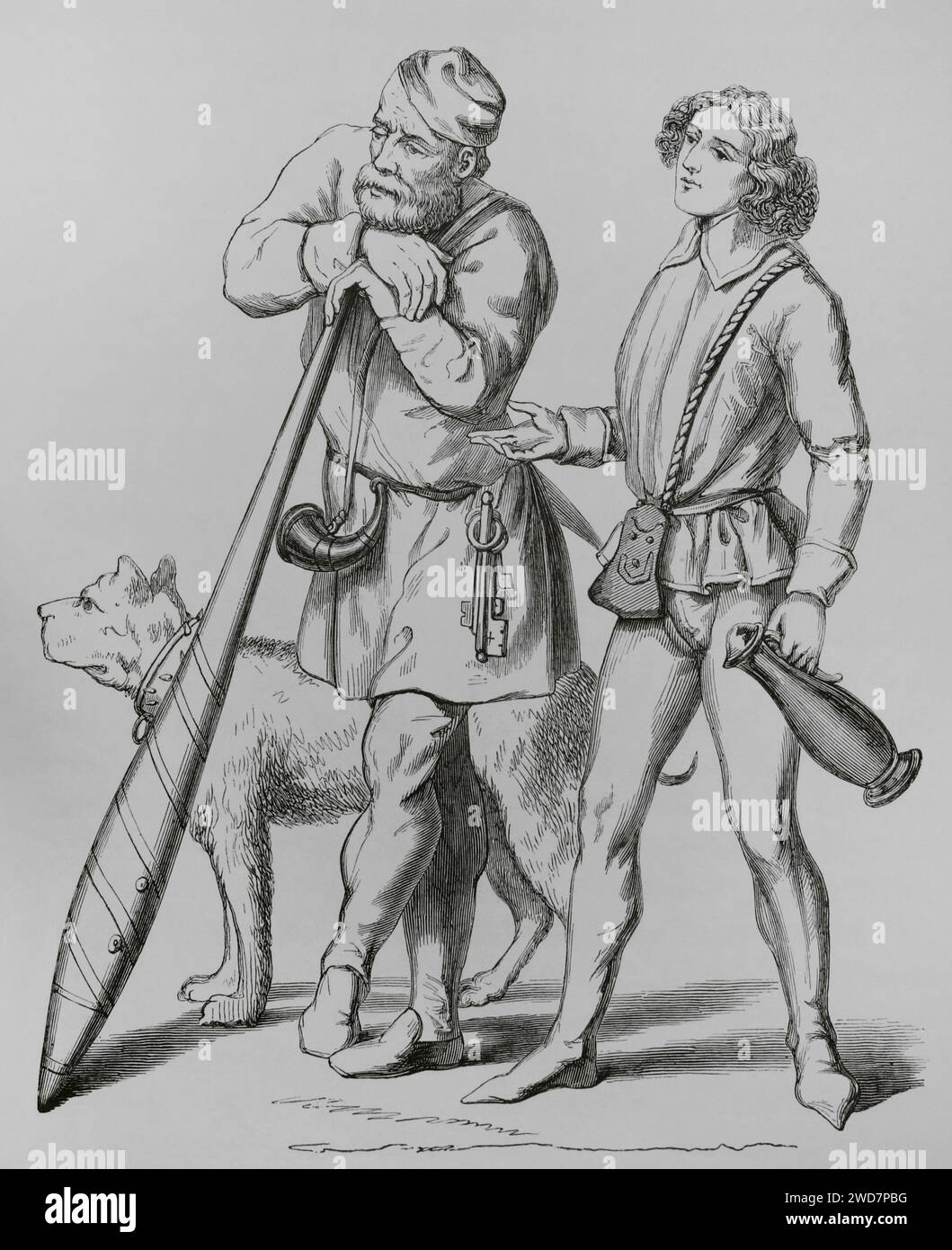 History of England, 15th century. English gatekeeper, his dog (1480) and a cupbearer (1475). Engraving. 'Moeurs, usages et costumes au moyen-âge et à l'époque de la Renaissance', by Paul Lacroix. Paris, 1878. Stock Photo