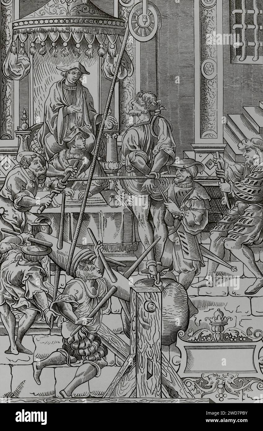 Medieval torture scene. The Estrapade, or Question Extraordinary. Torture consisted of gradually tightening the prisoner's restraints by turning a wheel until a confession was extracted or his life was endangered. Facsimile of an engraving in 'Praxis Criminalis Persequendi', by J. Millaeus, published in Paris in 1541. 'Moeurs, usages et costumes au moyen-âge et à l'époque de la Renaissance', by Paul Lacroix. Paris, 1878. Stock Photo