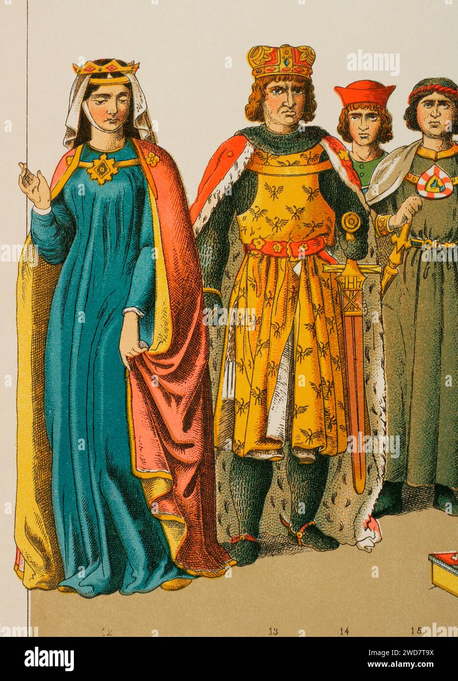 History of Germany. 1200. From left to right, 12: Anna of Hohenstaufen (1230-1307), daughter of Frederick II, 13: Archduke Henry of Breslau, ca. 1258-1290, 14-15: Counts. Chromolithography. 'Historia Universal', by César Cantú. Volume X, 1881. Stock Photo