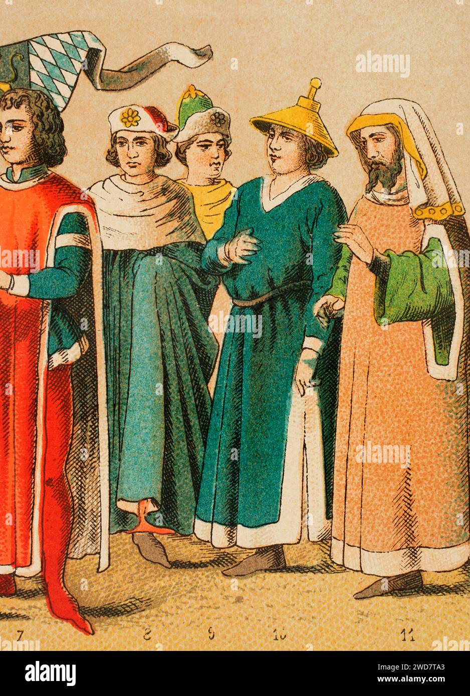 History of Germany. Middle Ages. 1400-1450. From left to right, 7: Duke of Bavaria, 8-9: university costumes, 10-11: Jews. Chromolithography. 'Historia Universal', by César Cantú. Volume VII, 1881. Stock Photo