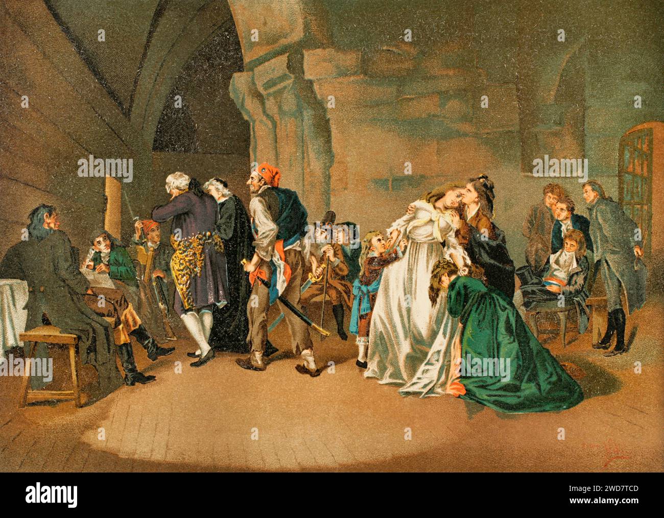 French Revolution. The parting of King Louis XVI and Marie Antoinette, 1792. Both were tried and executed in 1793, during the Reign of Terror. Chromolithography. 'Historia Universal', by César Cantú. Volume X, 1881. Stock Photo