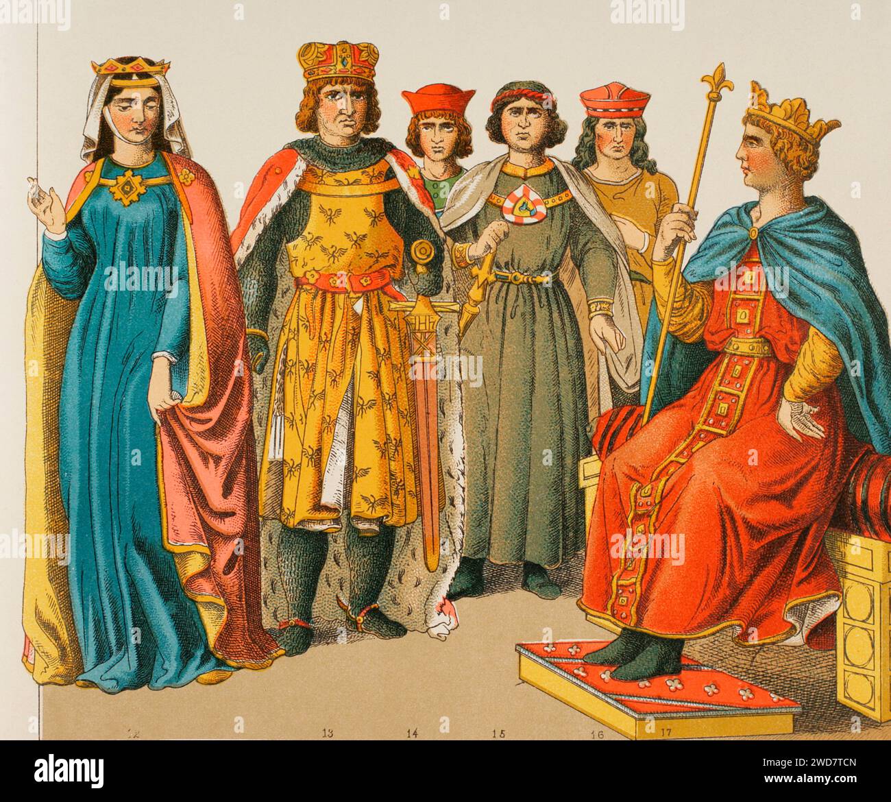 History of Germany. 1200. From left to right, 12: Anna of Hohenstaufen (1230-1307), daughter of Frederick II, 13: Archduke Henry of Breslau, ca. 1258-1290, 14-15-16: Counts, 17: Frederick II, Holy Roman Emperor (1194-1250). Chromolithography. 'Historia Universal', by César Cantú. Volume X, 1881. Stock Photo