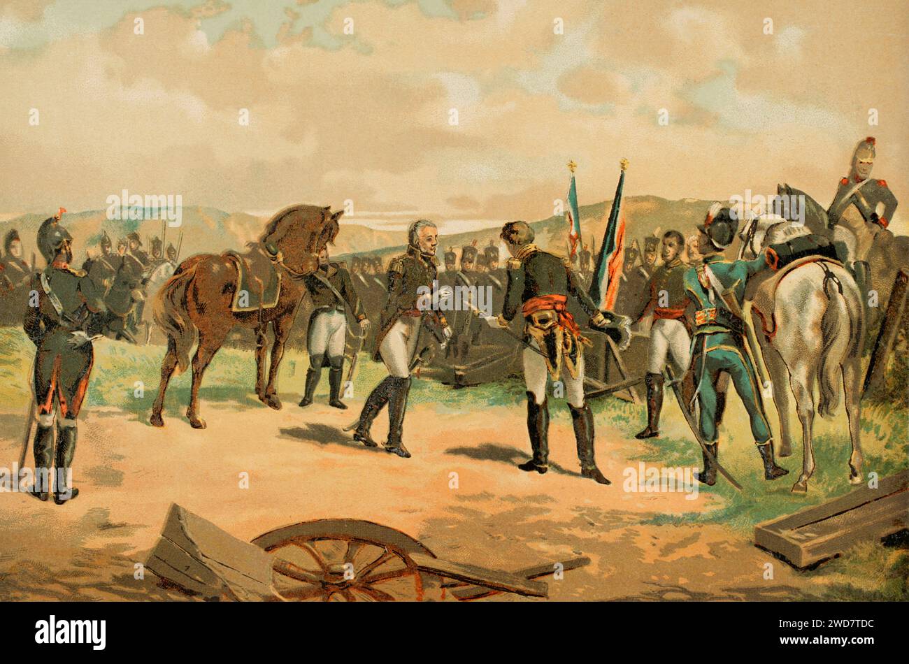 Peninsular War. Battle of Bailen. First victory of the Spanish army led by General Castaños (July 19, 1808). Surrender of General Dupont. Chromolithography. 'Historia Universal', by César Cantú. Volume X, 1881. Stock Photo