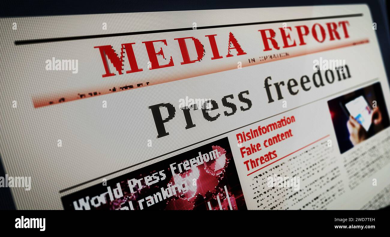 Press freedom and free journalism daily newspaper reading on mobile tablet computer screen. Man touch screen with headlines news abstract concept 3d i Stock Photo