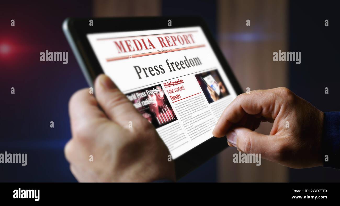 Press freedom and free journalism daily newspaper reading on mobile tablet computer screen. Man touch screen with headlines news abstract concept 3d i Stock Photo