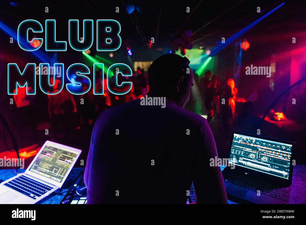 Text Club Music on the background of a DJ mixing in a nightclub at a party Stock Photo