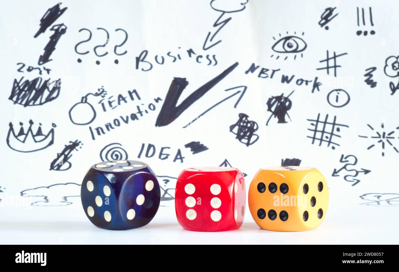 risks,threats and challenges  in business and economy, concept with business scribble and dices. Close up shot with focus on foreground Stock Photo