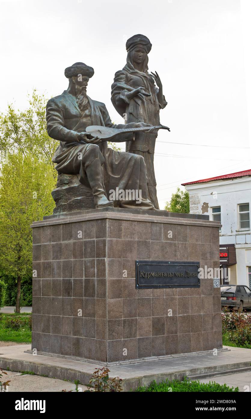 Monument to Kurmangazy Sagyrbaev and Dina Nurpeisova in Oral. Kazakhstan Stock Photo