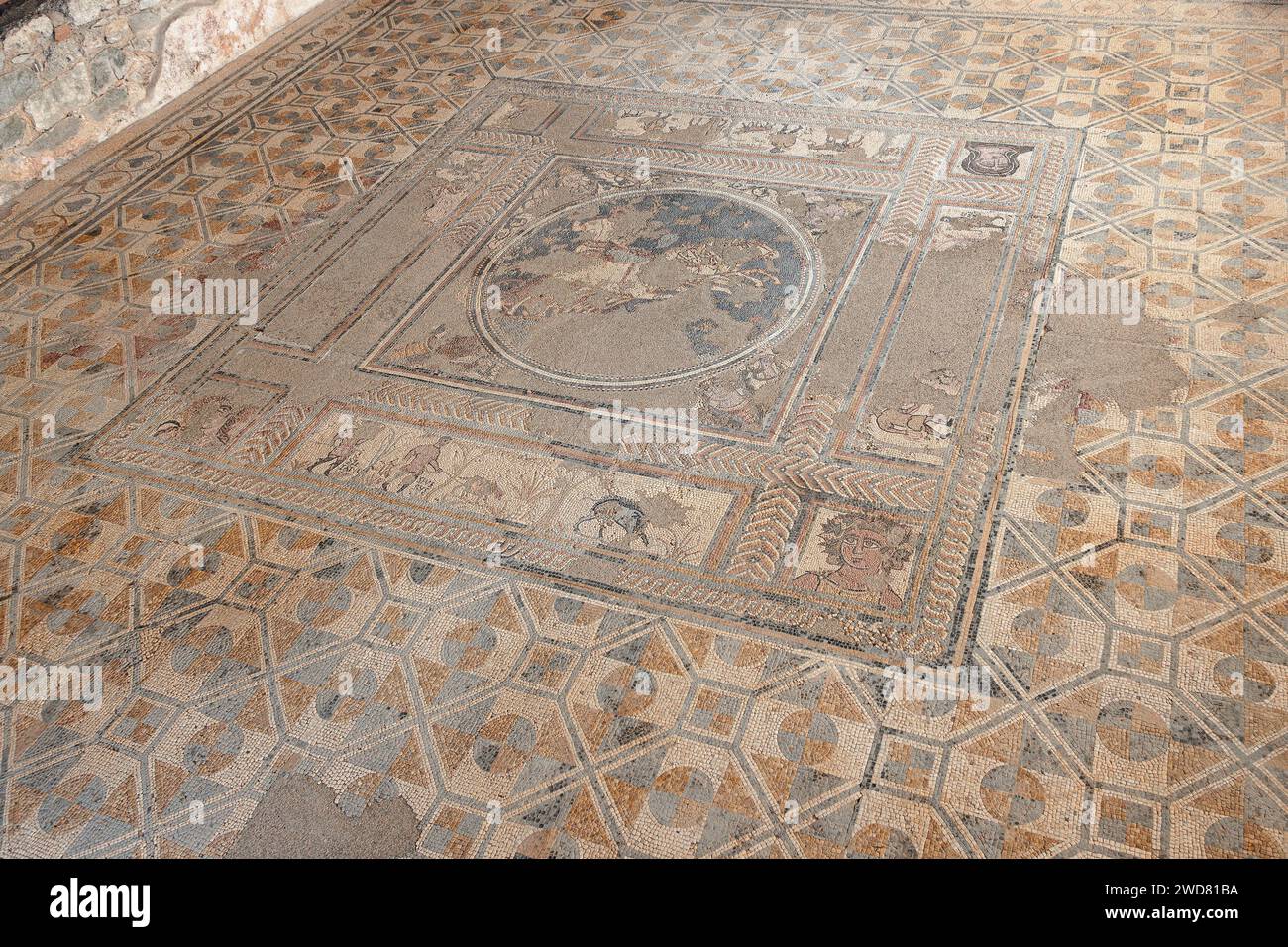 Mosaics found in archaeological explorations of the Roman ruins in Conimbriga, Portugal. Stock Photo