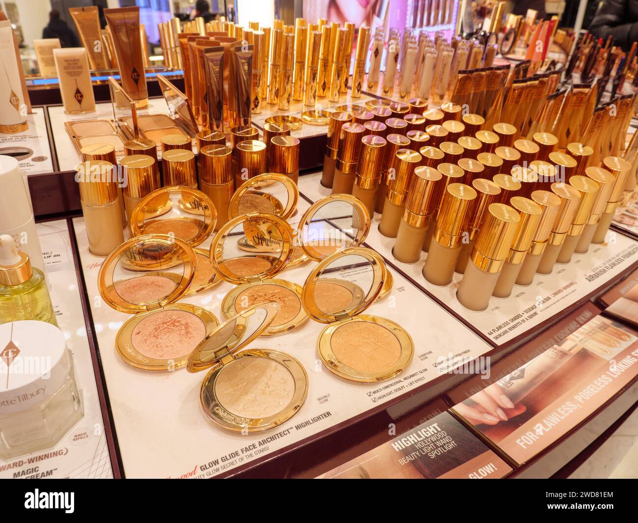 Beauty products and makeup on the cosmetics counter of Charlotte Tilbury concession at Selfridges department store, London, UK Stock Photo