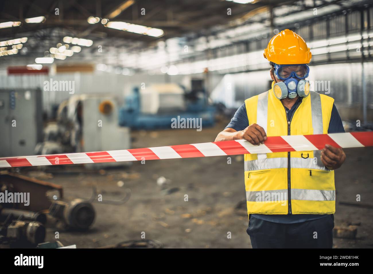 Toxic chemical gas leak safety team working closed area in danger factory workshop environment contamination safety and protection Stock Photo